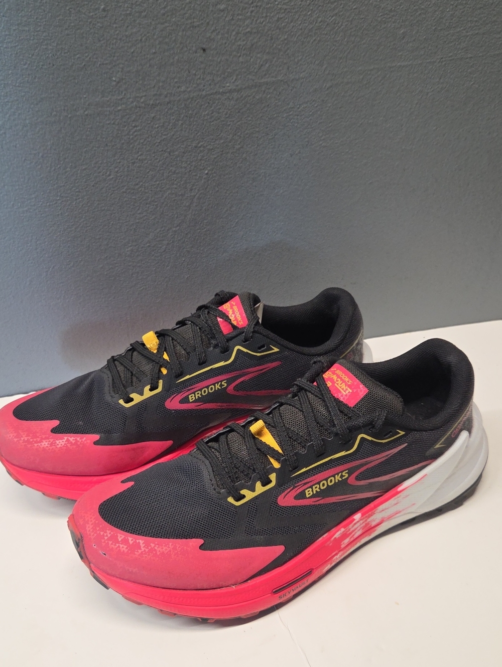 Brooks Women's Black and Pink Trail Running Shoes with Yellow Accents Size 9